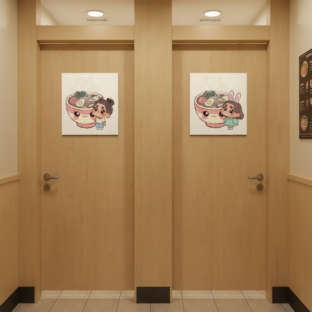 Exemple de signalétique imprimée sur une porte de toilettes